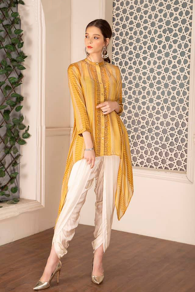 Mustard stripe assymetric kurta with hand embroidery in front paired with tulip pants