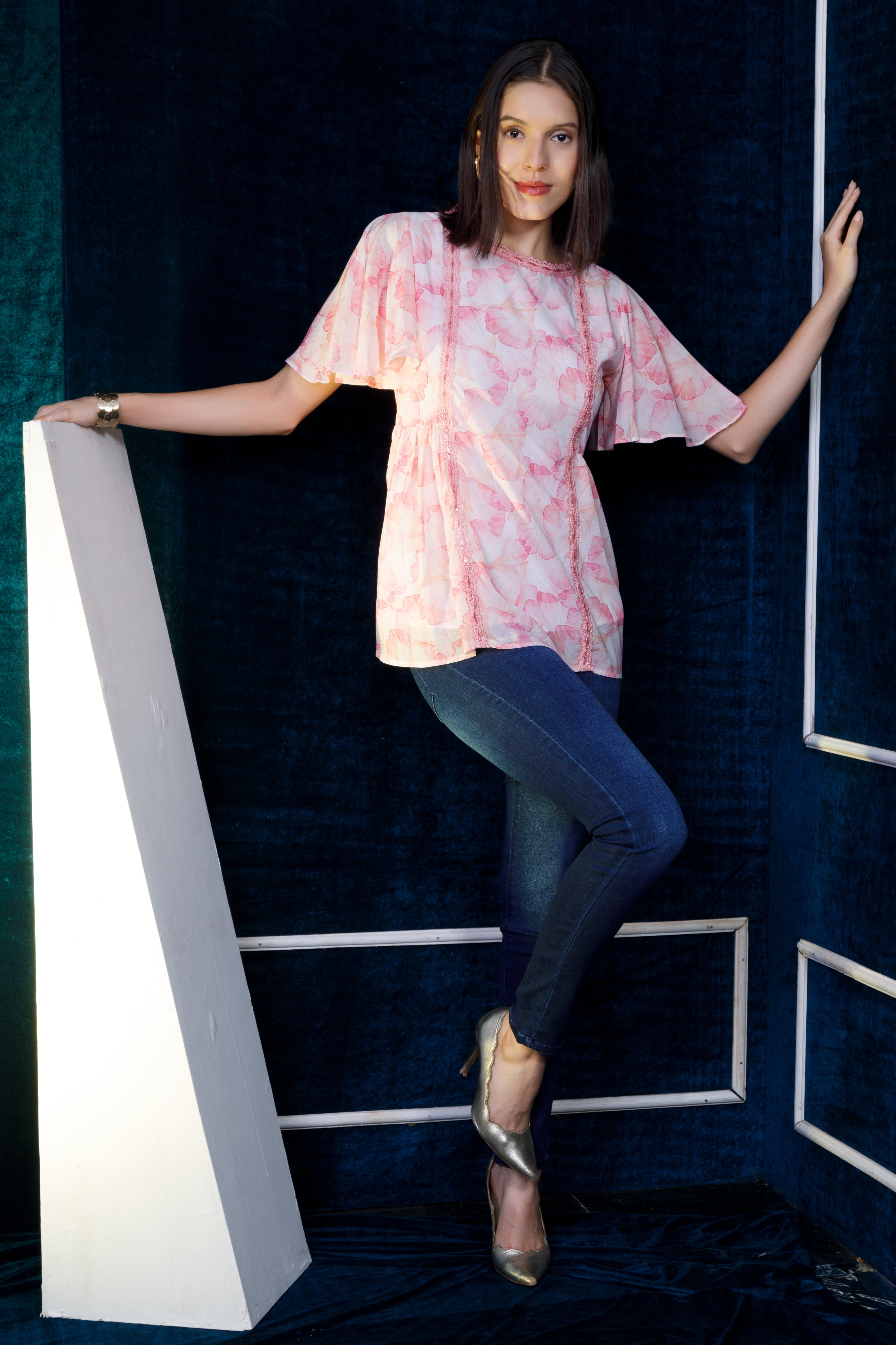 White and pink digital print top with pink sequence lace detailing in front and on neck