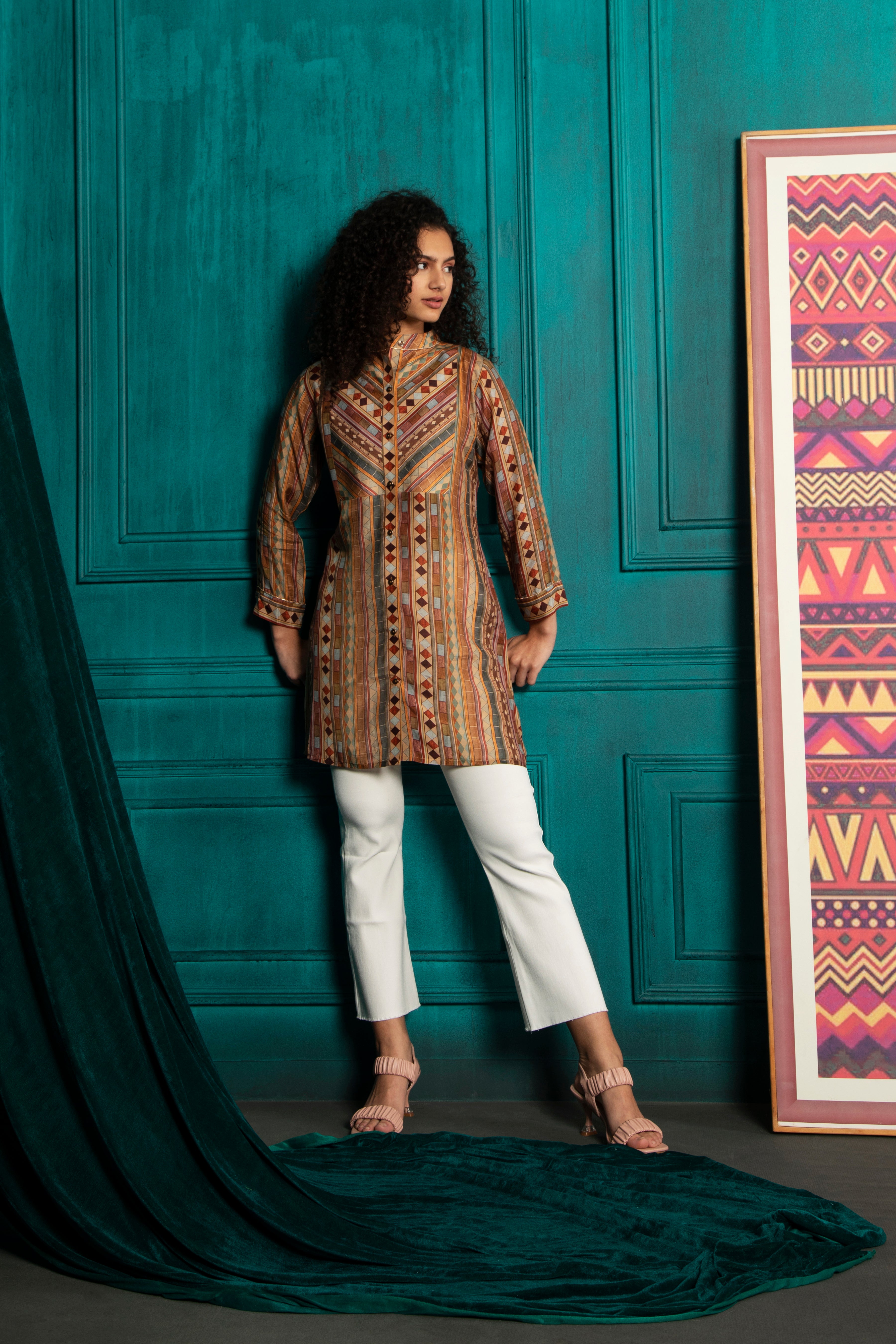 Beige viscose geometric digital print kurti with yoke