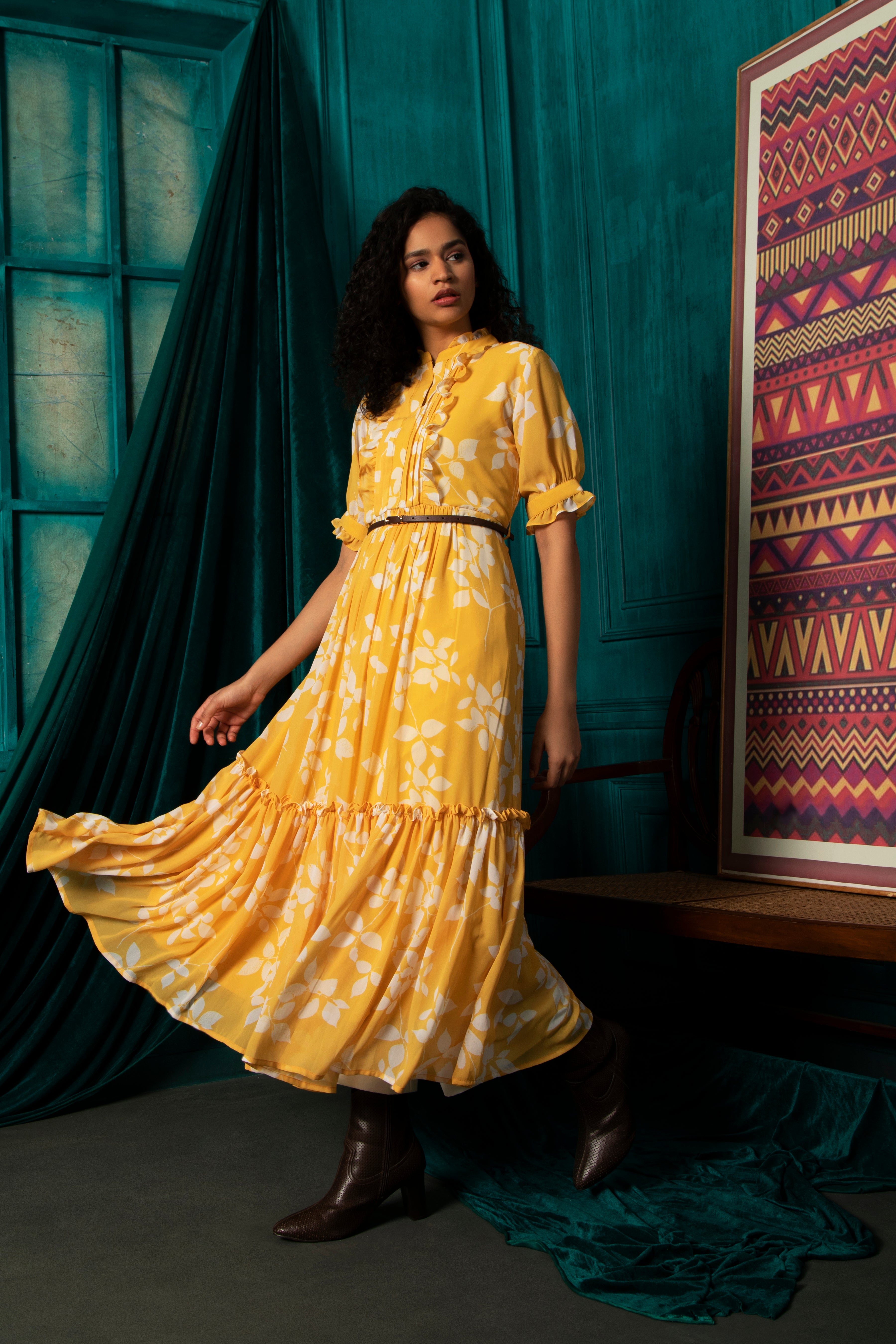 Yellow georgette maxi dress with pleating detail and belt