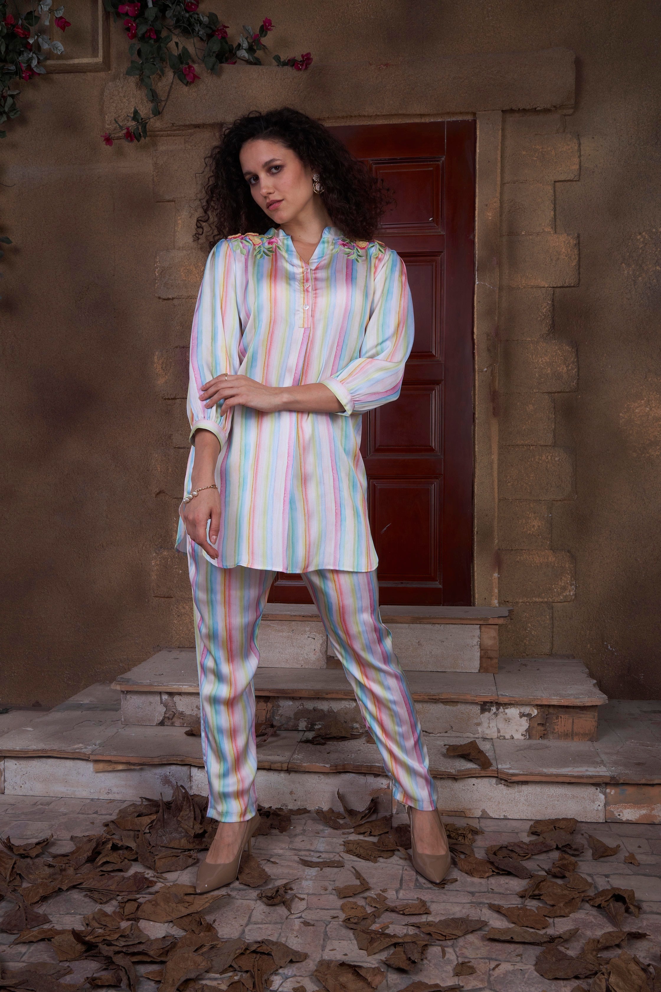 Multicolour stripe Satin Set with thread embroidery on shoulder