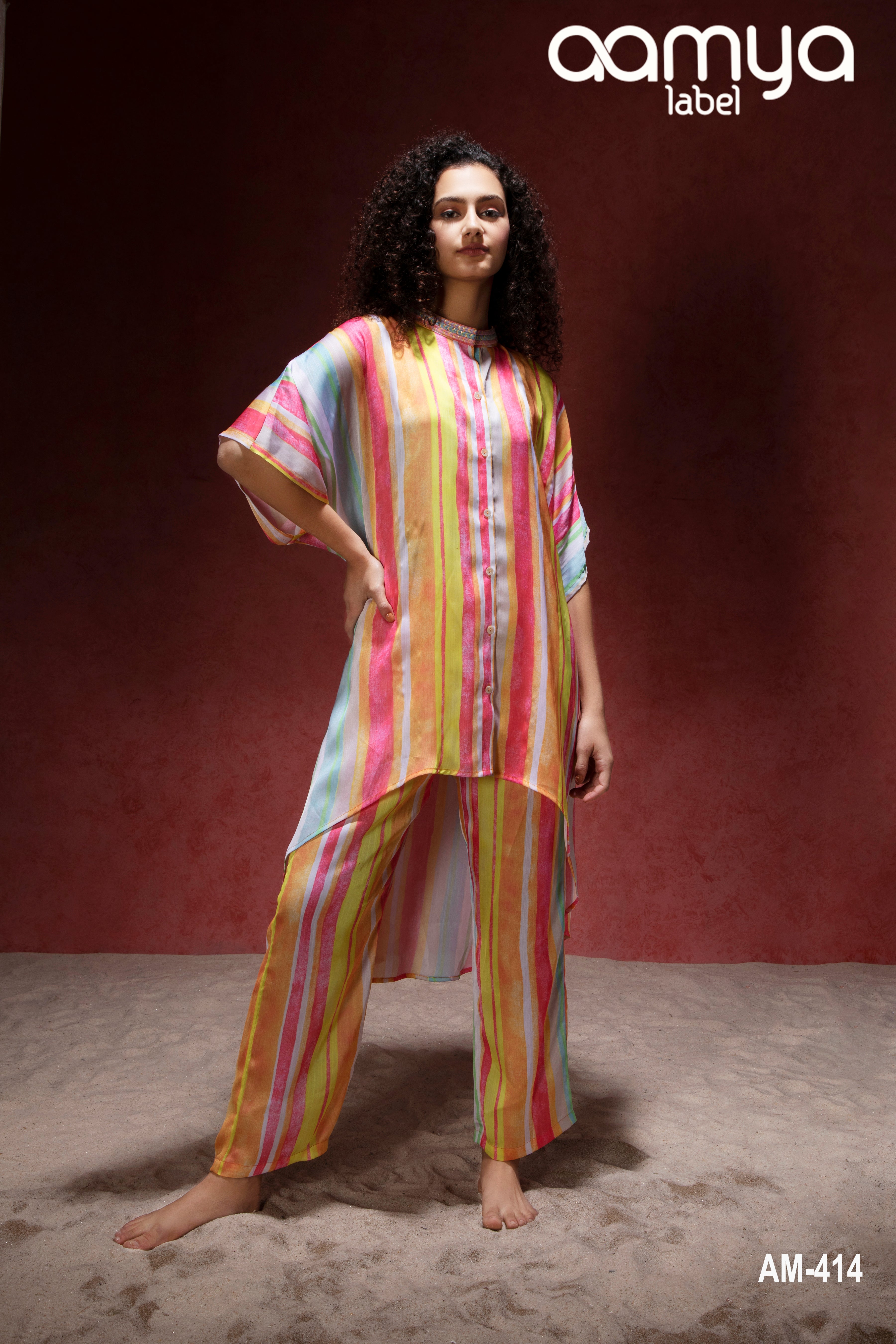 Multicolour stripe kaftan style short long kurta with pant Satin Set