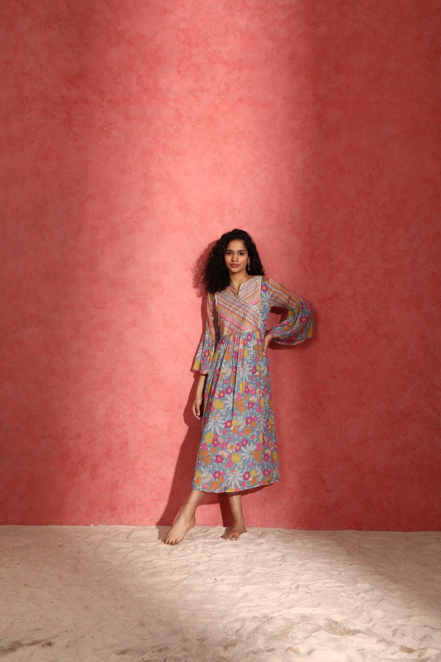 Blue floral print tunic dress Angrakha style yoke with hand embroidery