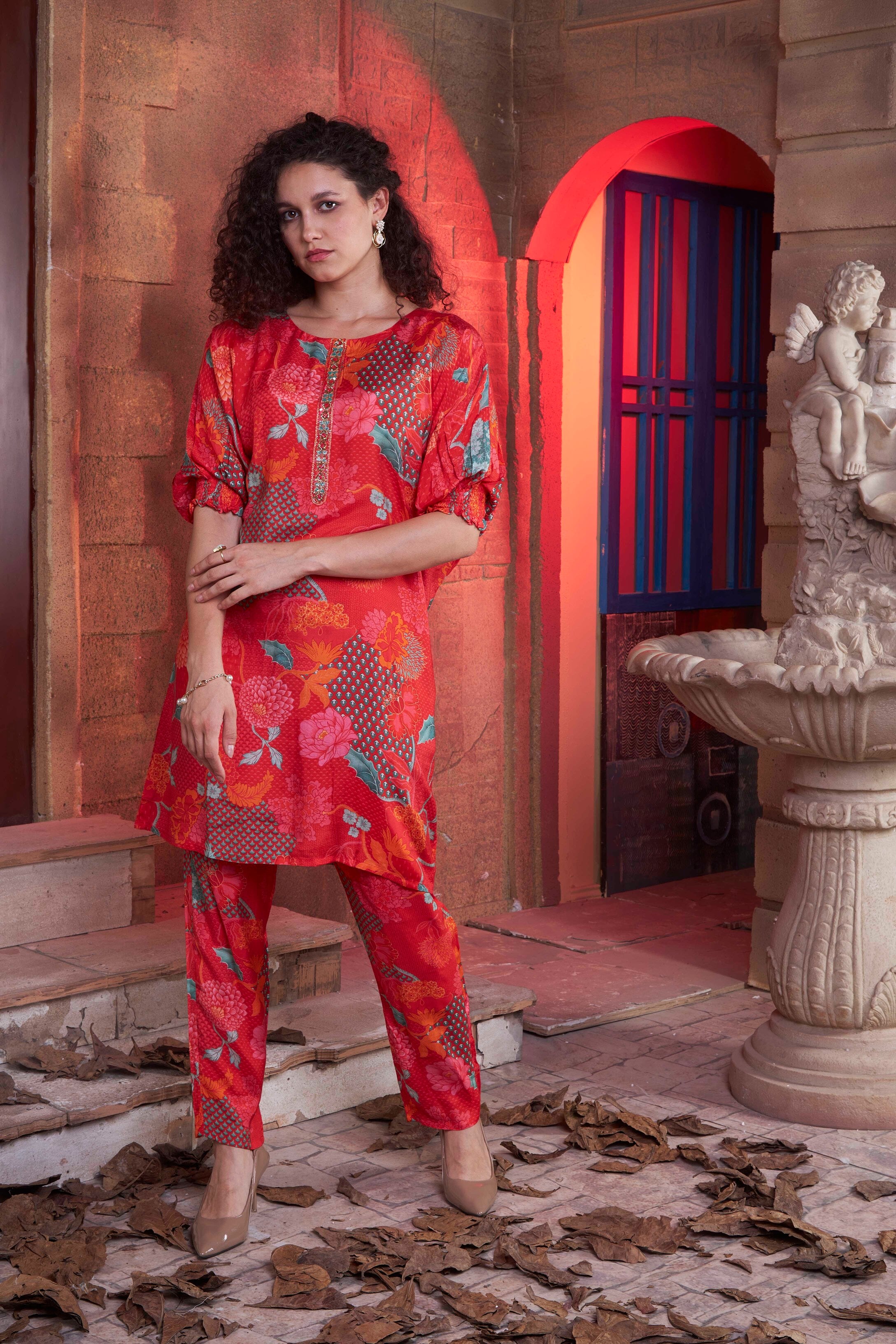 Red digital  print kurta pant set with hand embroidery