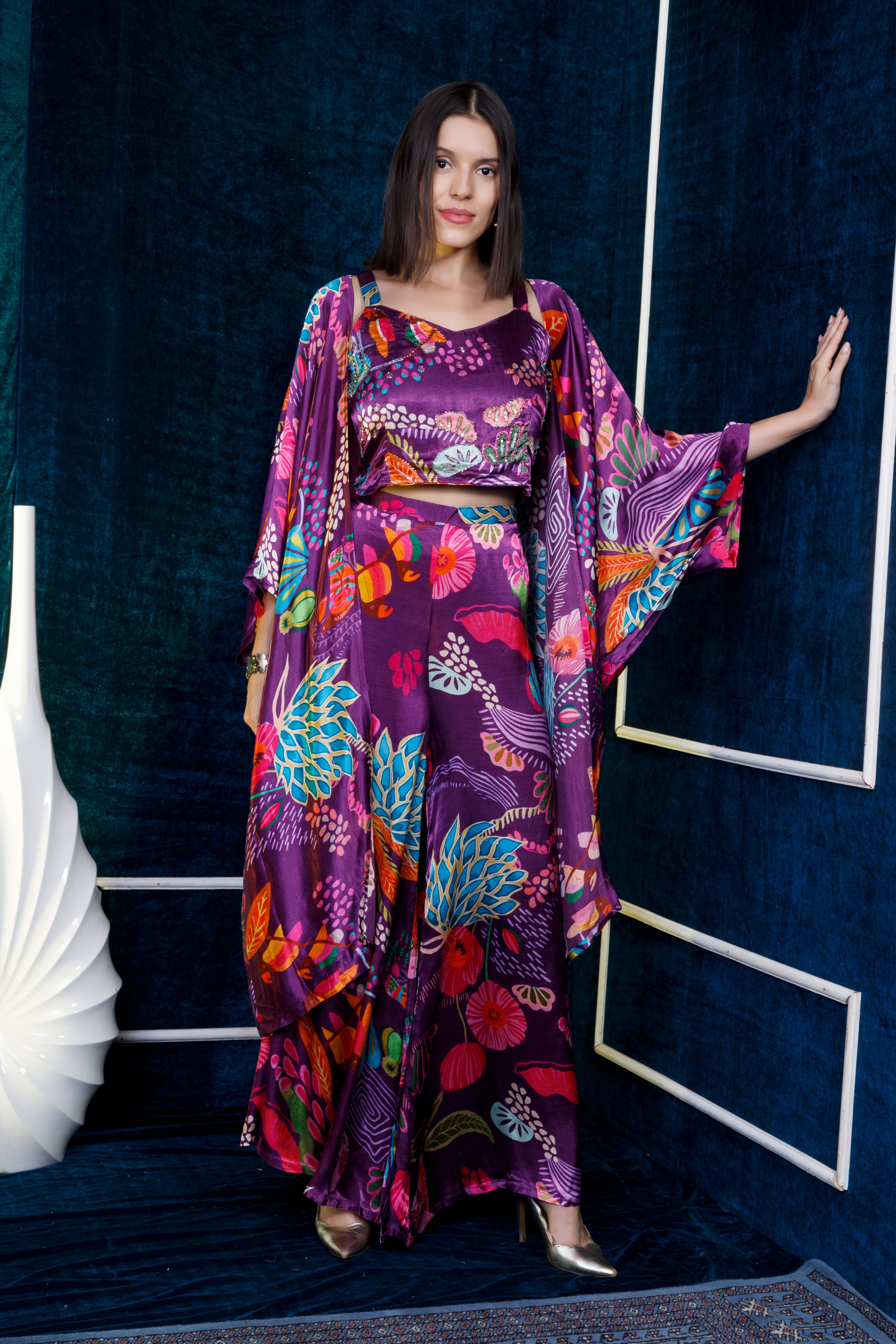 Purple digital print crop top with hand embroidery,palazzo pant and cape