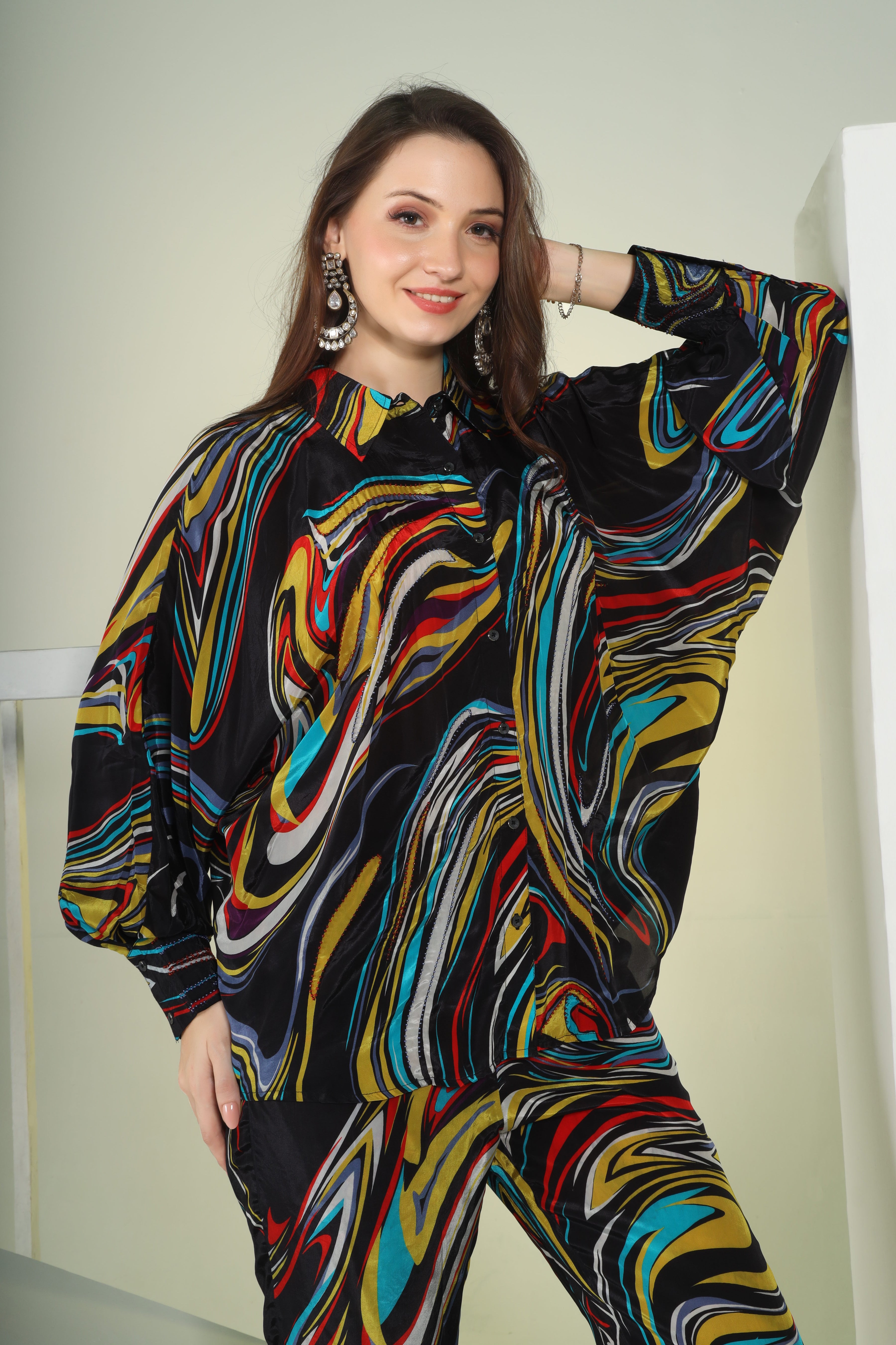 Black digital print shirt with straight pants highlighted with hand embroidery