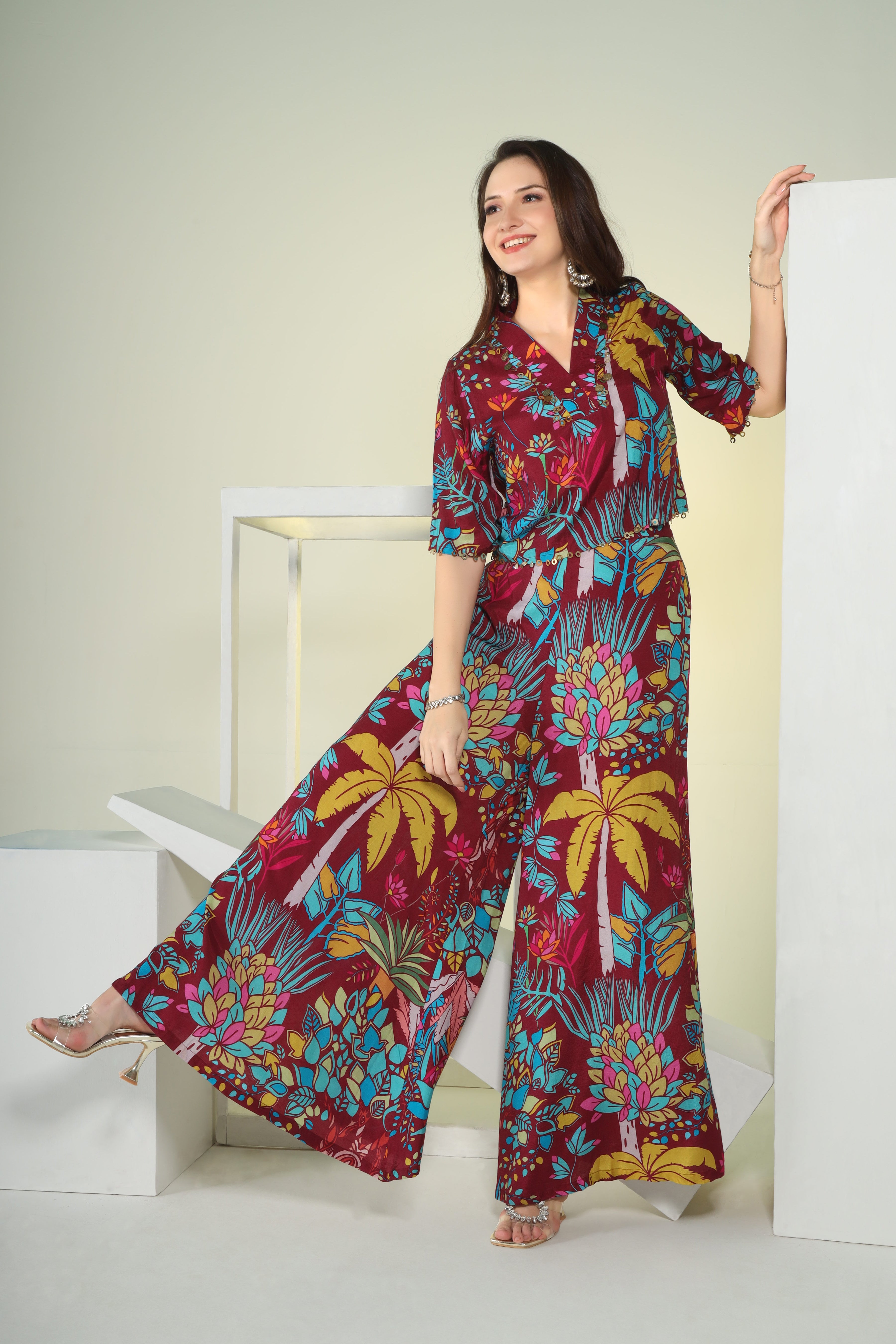 Wine digital print crop top with flair palazzo pants