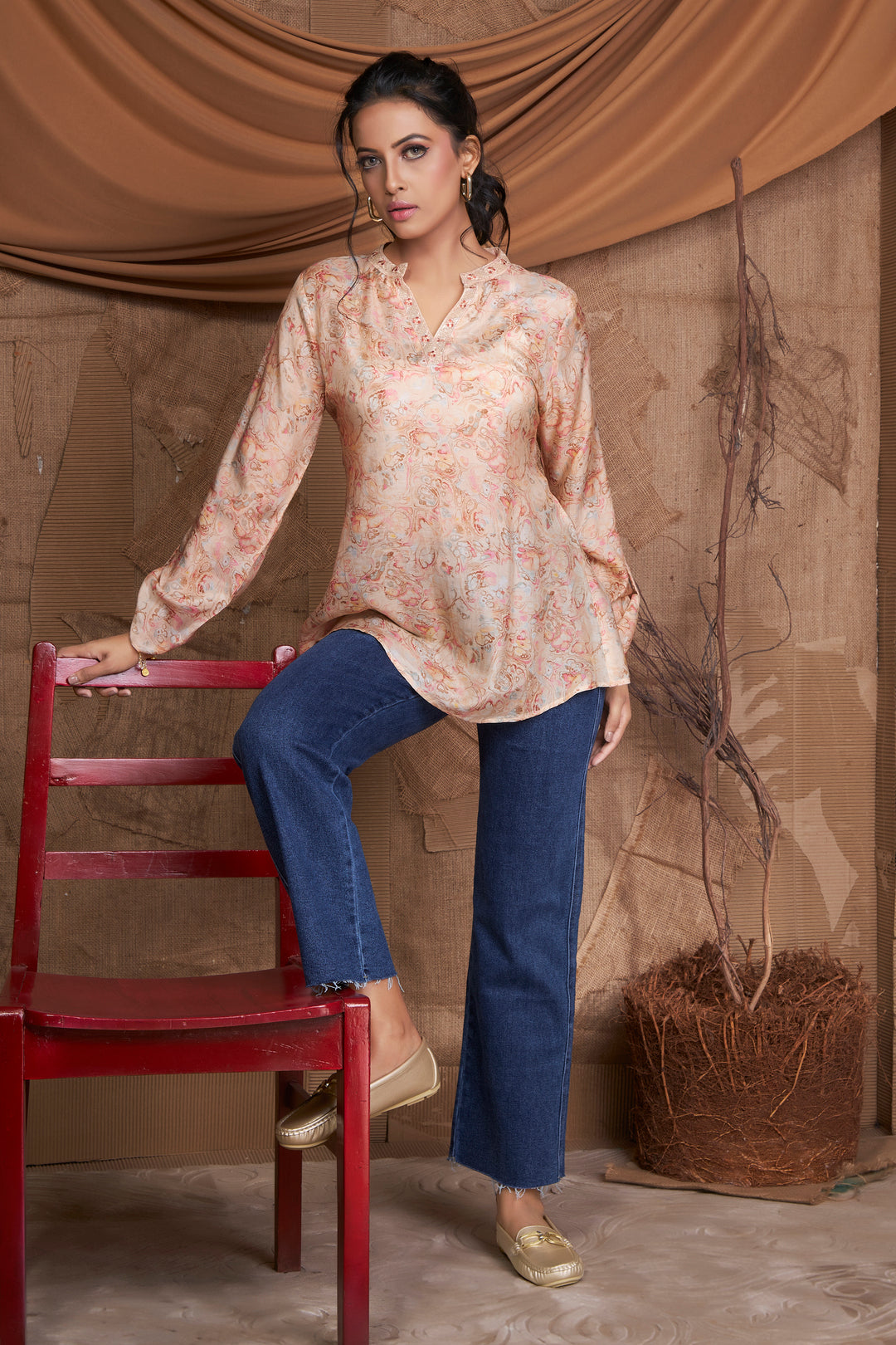 Beige with orange digital print top with thread work on collar and neck