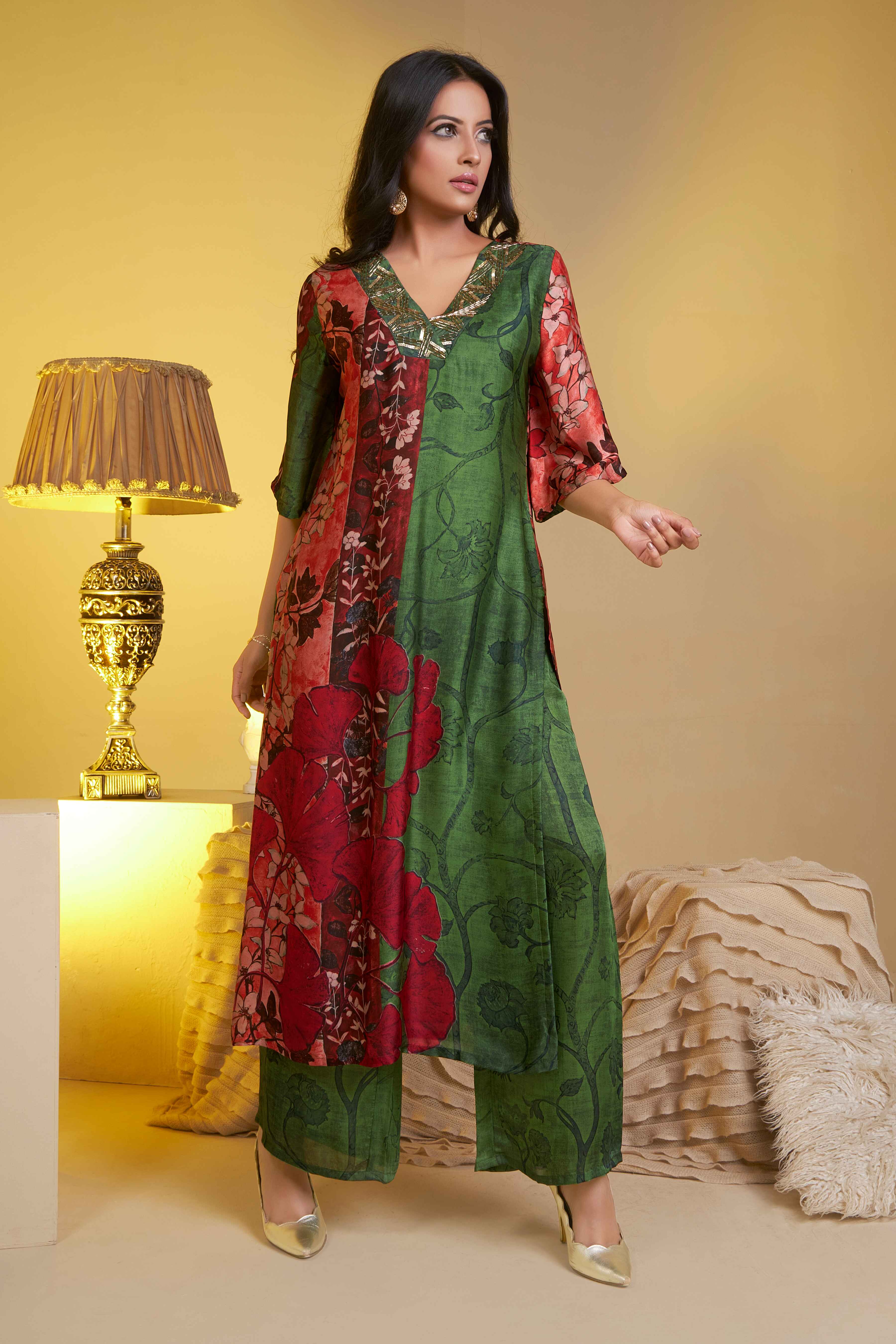 Green and red floral placement print with intricate gold hand embroidery on V neck