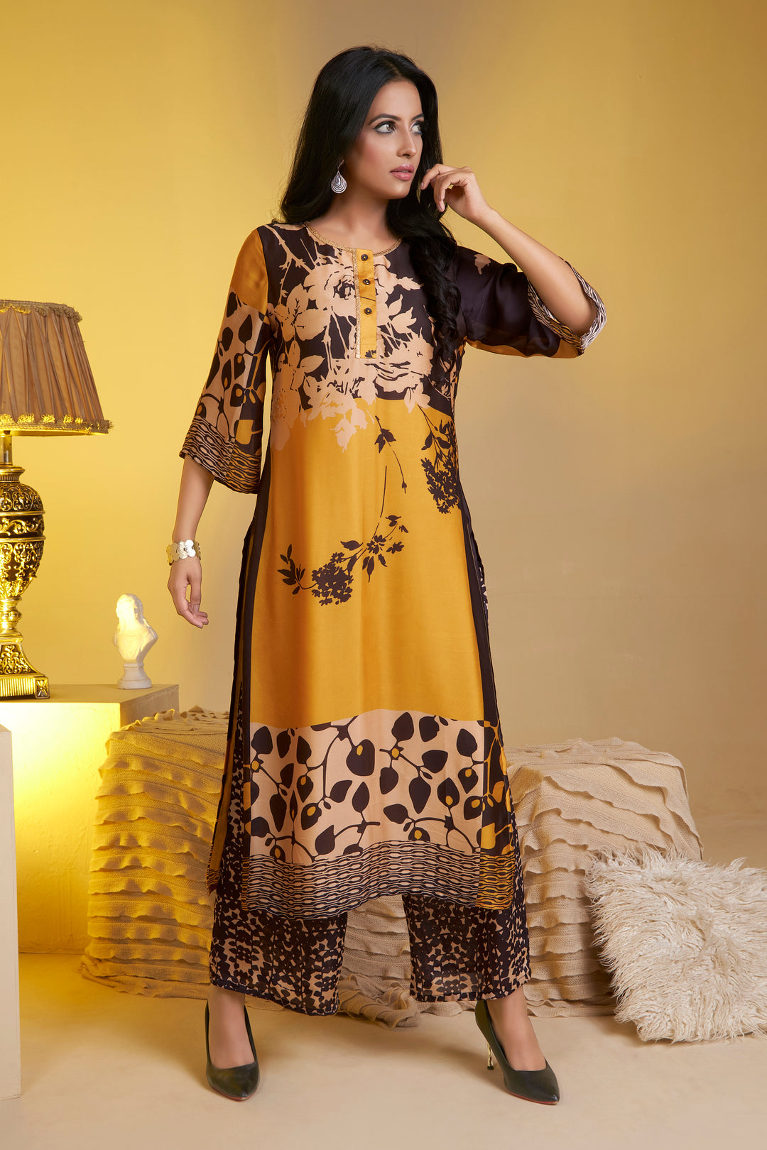 Yellow with black placement print kurta and palazzo set