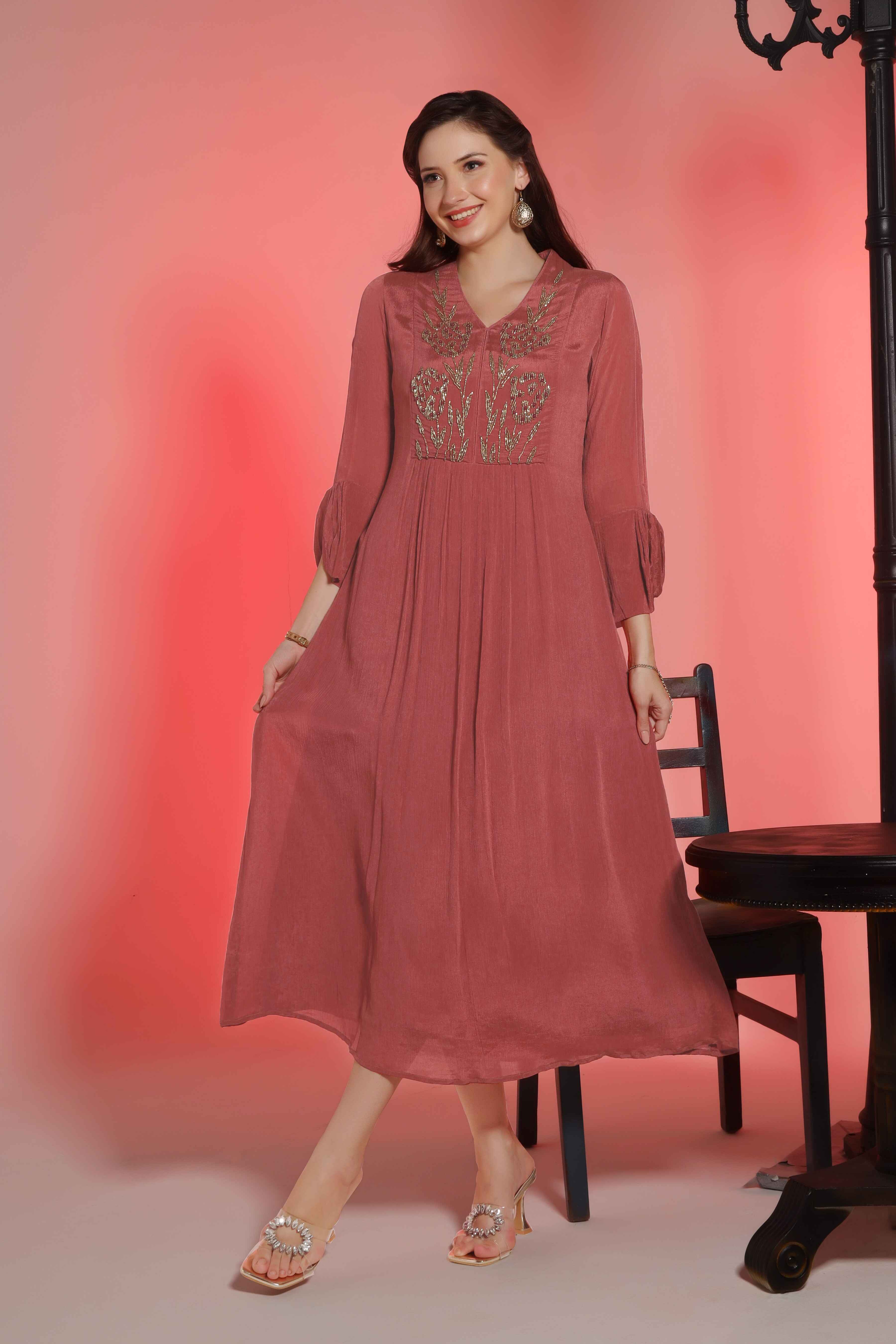 Rust chinon chiffon tunic with intricate gold hand embroidery on yoke