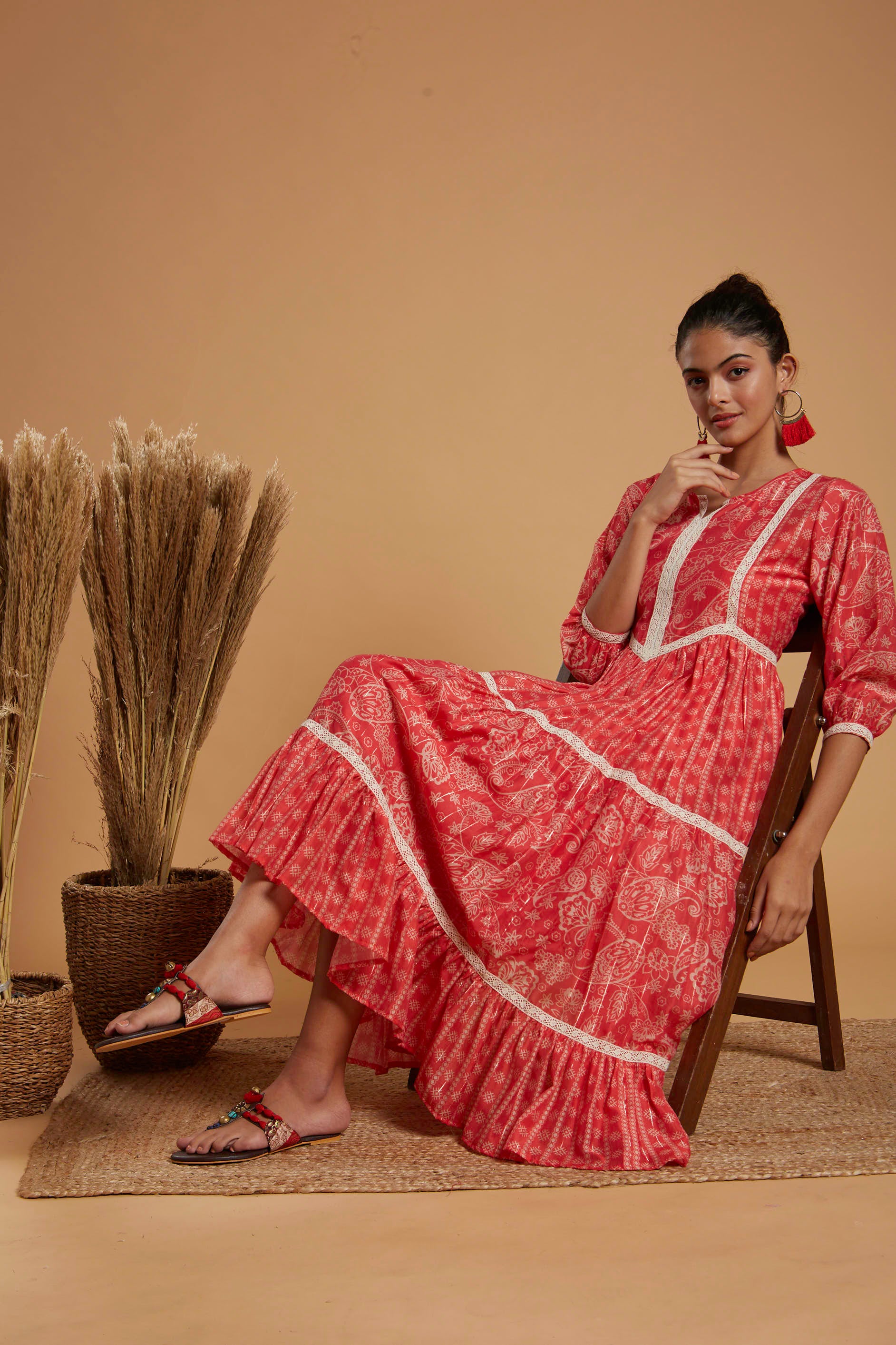 Carrot red digital print chanderi tiered dress with lace detailing