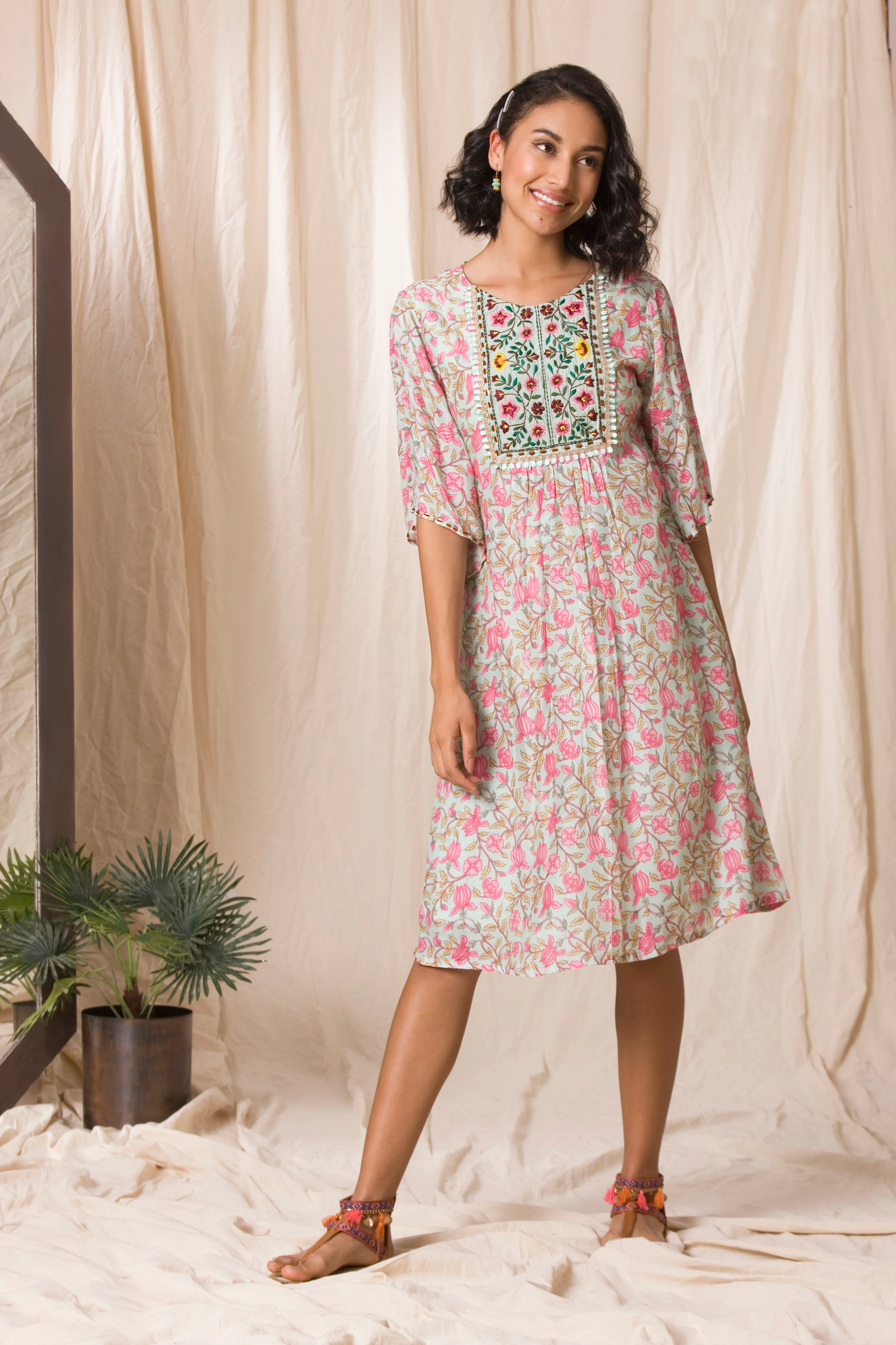 Blue floral print tunic dress with embroidery on yoke and lace detailing