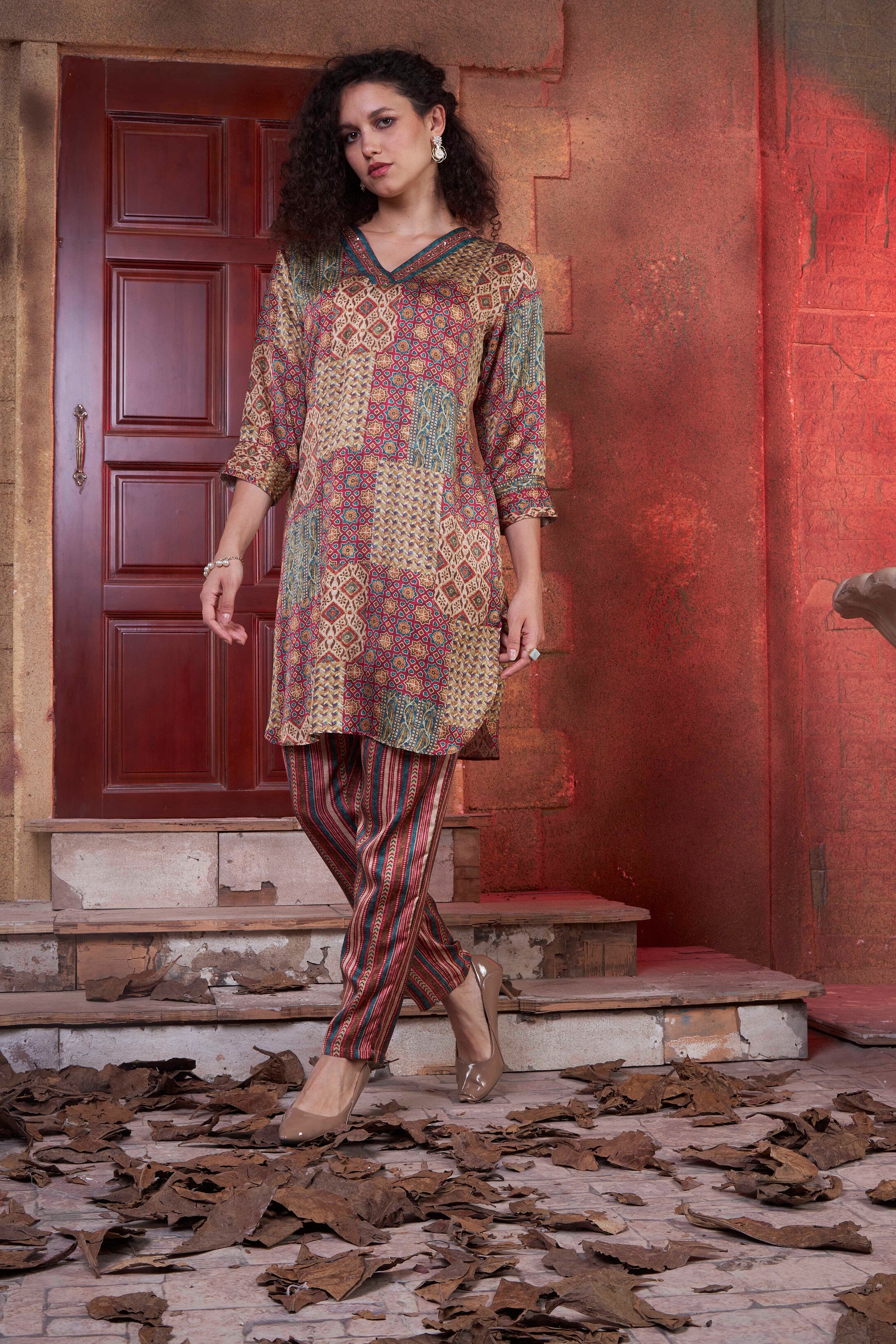 Maroon & Green mix match print V neck with hand work on neck